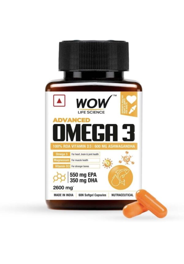 WOW Life Science Advanced Omega 3 Capsule for Men and Women with 100% RDA Vitamin D, Ashwagandha, Magnesium, Vitamin B6 & B12 |For Muscle, Joints, Heart & Cognitive Support -2600mg (550mg EPA:350mg DHA) – 60 Capsules