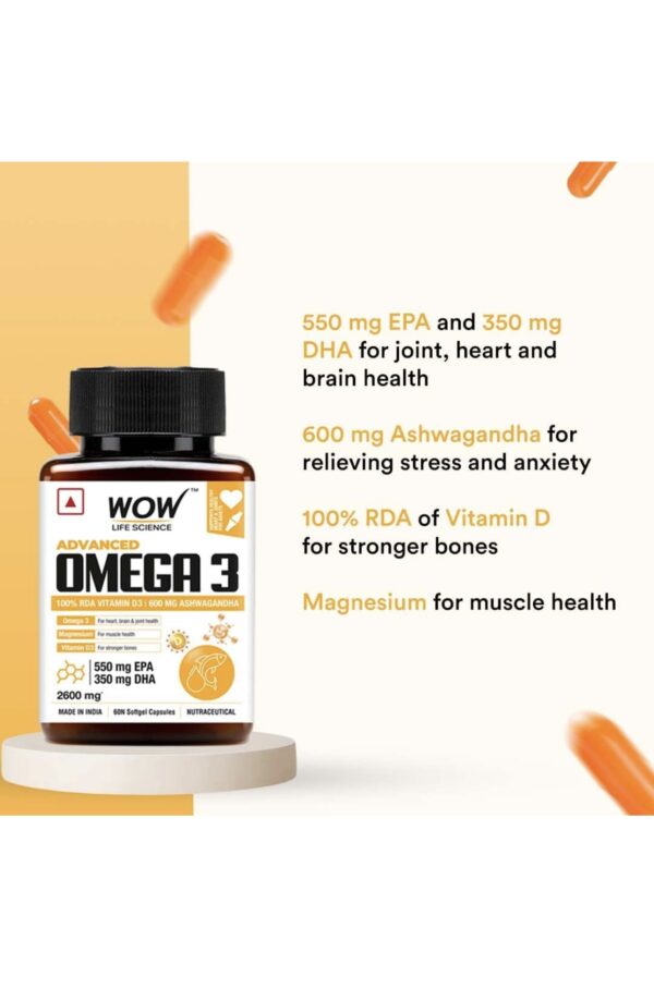 WOW Life Science Advanced Omega 3 Capsule for Men and Women with 100% RDA Vitamin D, Ashwagandha, Magnesium, Vitamin B6 & B12 |For Muscle, Joints, Heart & Cognitive Support -2600mg (550mg EPA:350mg DHA) – 60 Capsules - Image 3