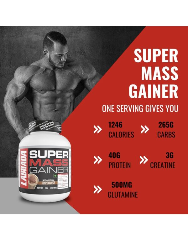 Labrada Super Mass Gainer 3kg|High-Calorie Protein Powder for Muscle Growth & Recovery |1246 Calories|265g Carbs|Chocolate Ice Cream Flavor|3g Creatine|500mg Glutamine, 3000gm, 1 count, 9 servings - Image 3