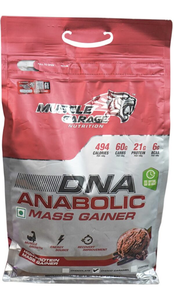 Muscle Garage Mass Gainer | High Protein Weight Gainer for Muscle Size, Strength & Recovery | 374 gm Calories, 68gm Cabs, 21 gm Protein| Choco-Caramel Flavor | 2.7Kg - 6Lbs