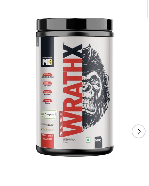 MuscleBlaze Pre Workout WrathX with Creapure Powder, Nitroblaze & BioPerine (Cola Frost, 510g, 30 Servings)