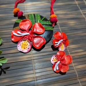Handmade Red Flower Necklace & Earrings Set