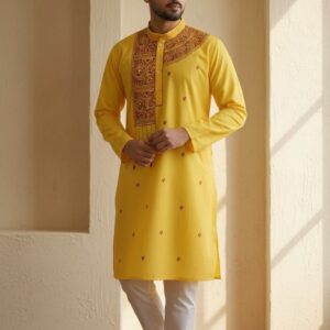 XL size Premium Hand-Painted Yellow Cotton Panjabi for Men | Festive & Traditional Wear