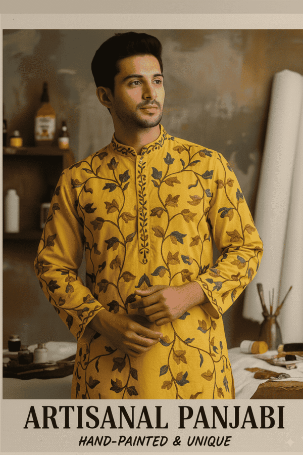XL size Artisanal Elegance Hand-Printed Yellow Cotton Panjabi for Men